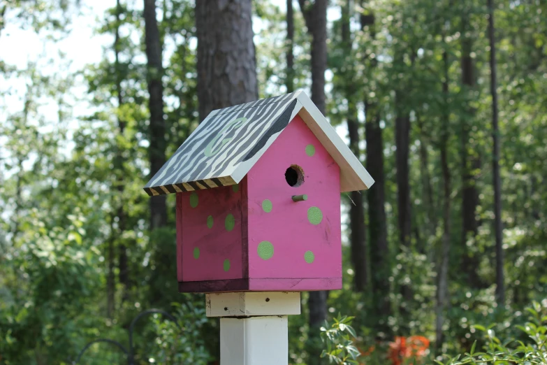 a pink birdhouse with polka dots on the roof