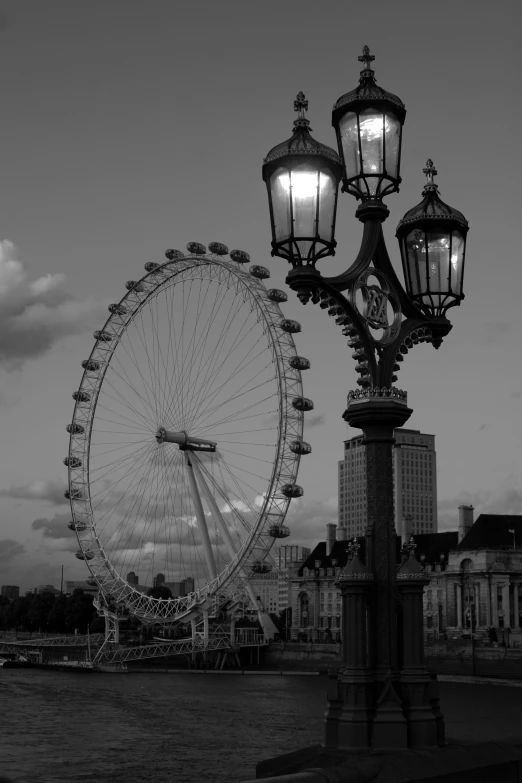 black and white po of an old ferris wheel