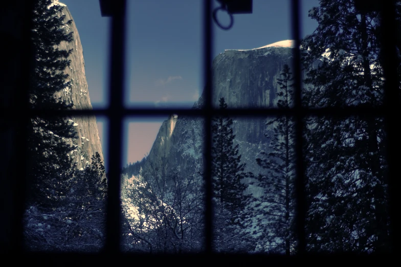 some trees a mountain and lights taken through a window