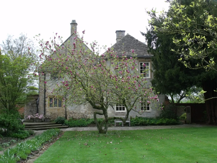 this is a beautiful house with a beautiful flowered tree outside