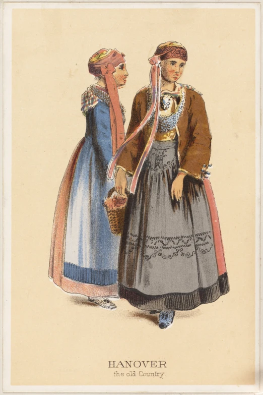 an old fashion illustration of two women in dresses