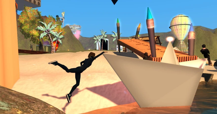 an animated man riding on the back of a skateboard