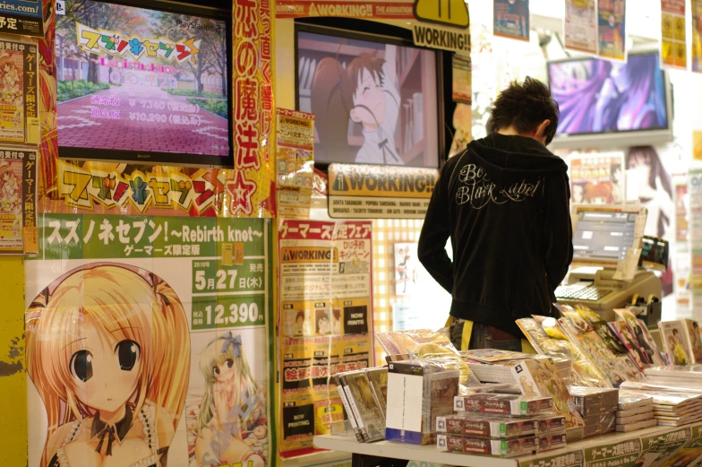 a store has numerous posters and books on display