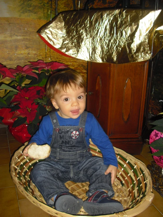 a child sitting in a basket next to some flowers
