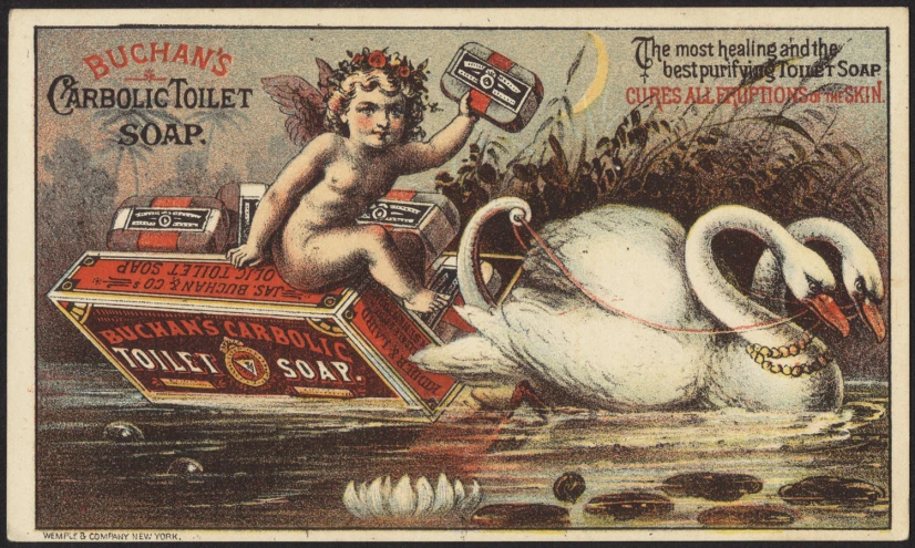 an advertit for the australian soap company shows a  woman sitting on a swan