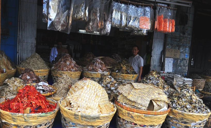 baskets full of food sit on the street