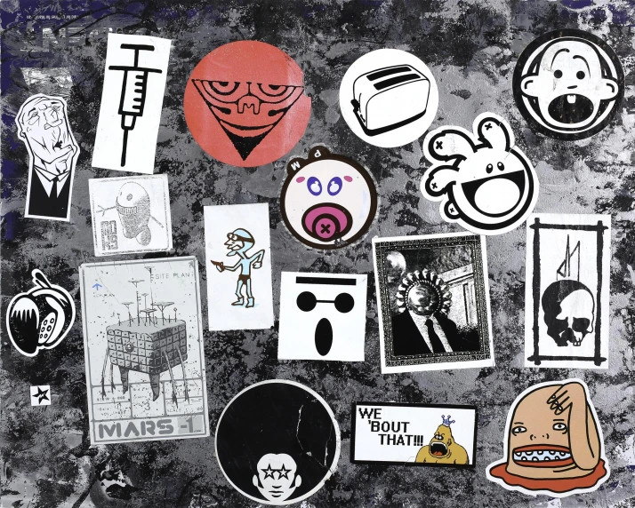 multiple cartoon stickers on a dirty surface