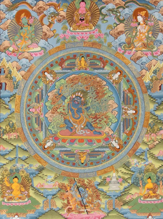 a thangka with four headed buddhas and two buddhist monks