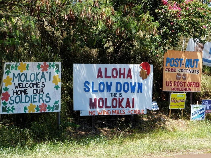 many protest signs against violence on the side of a road