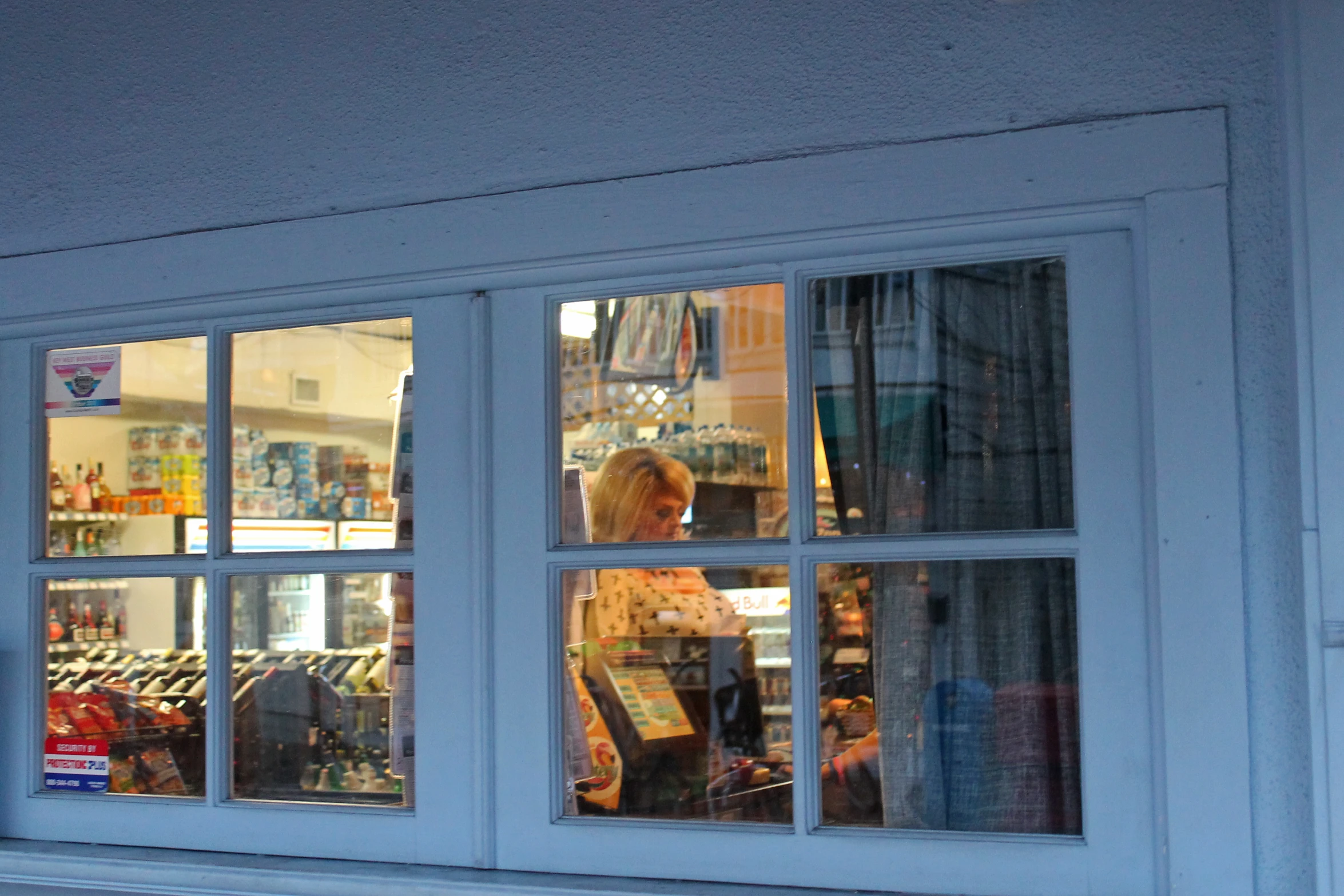 a store front window with a dog sitting inside it