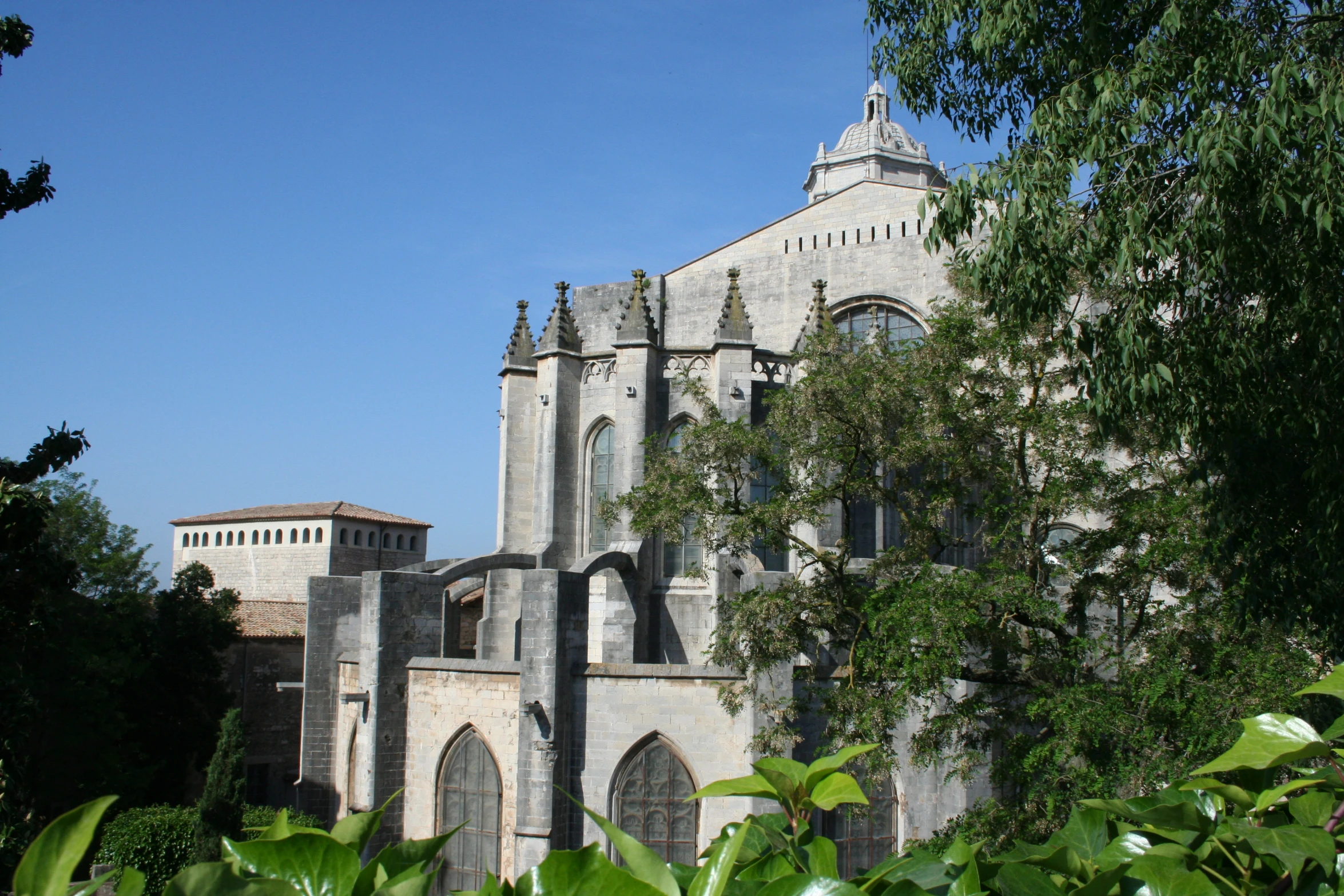 this church has an elegant stone tower