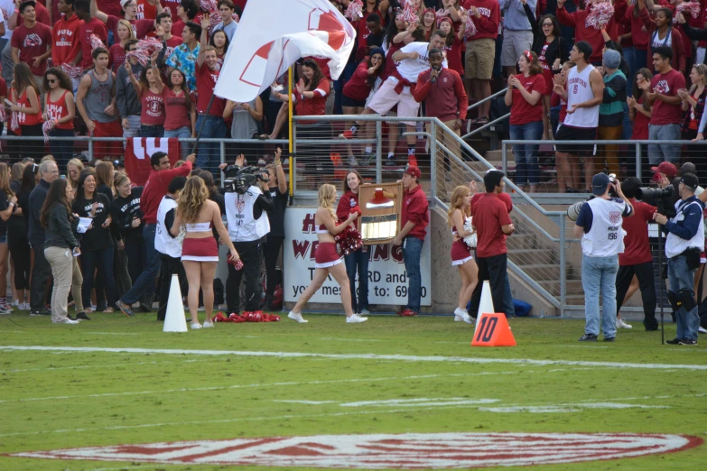 several cheerleaders stand on the field, holding flags