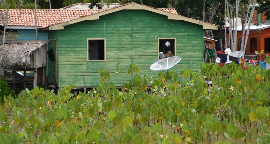 a green house with an outside balcony and an umbrella inside