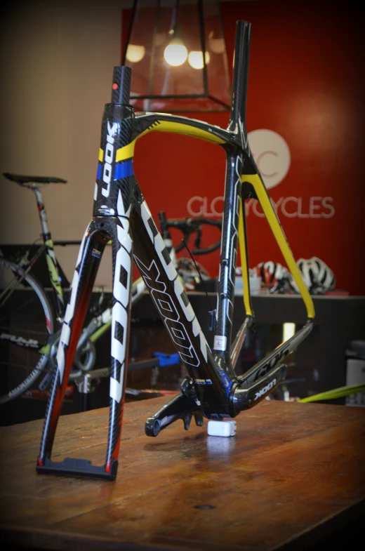 a close up of a bike on a table