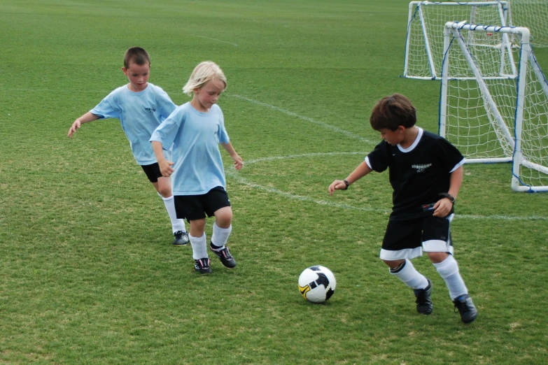 three boys are kicking around a soccer ball on a field