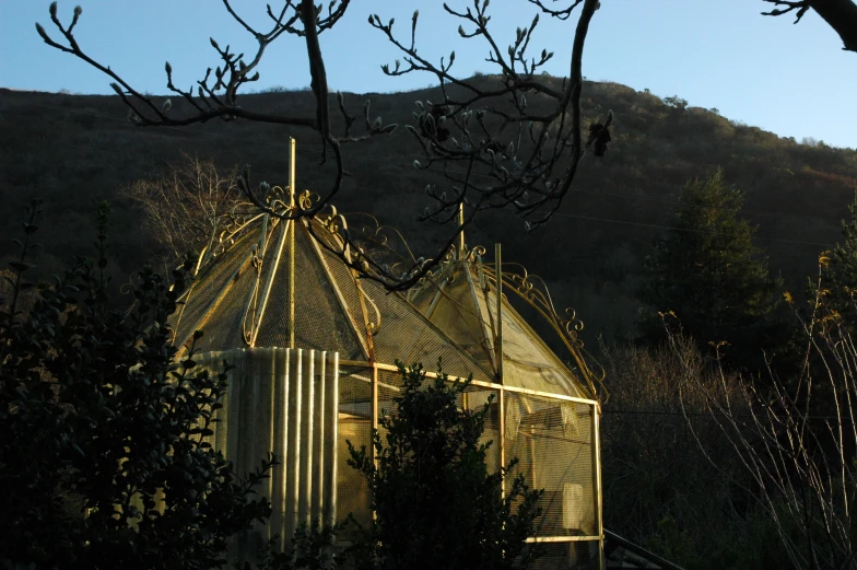 the house has a metal roof and a tall building