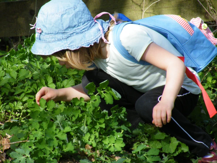 there is a girl with her hand on some plants