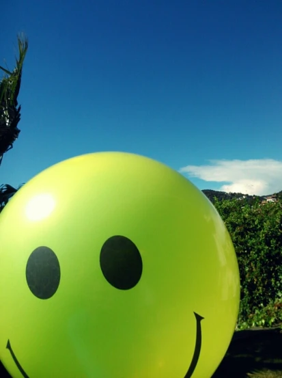 a smiley face shaped balloon in front of a sunny background