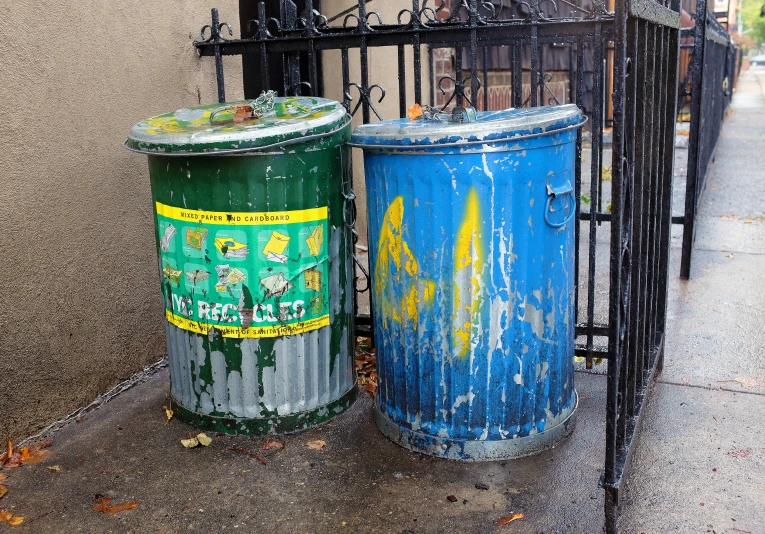 a couple of trash cans next to a fence