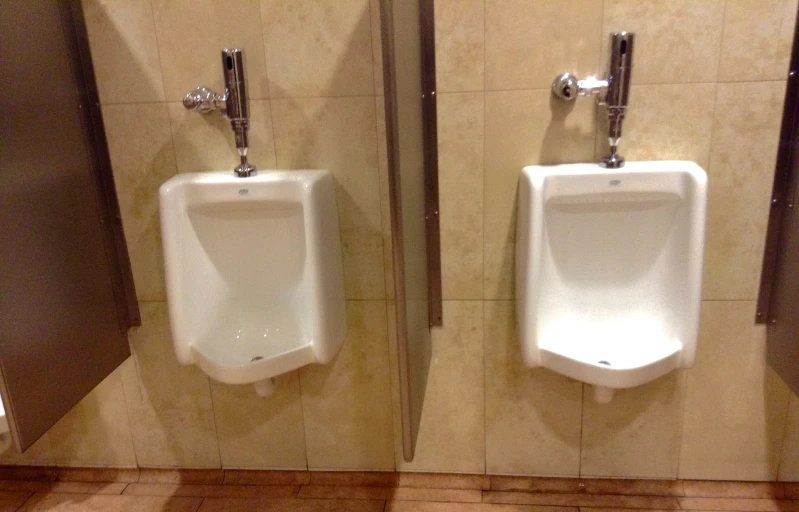 a couple of urinals are in a bathroom