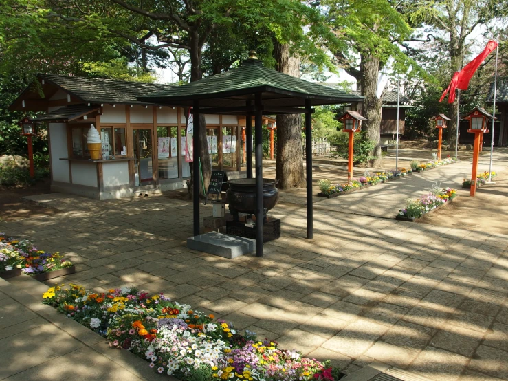 several flower displays at a public park setting