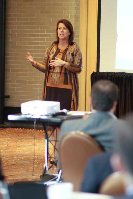 a woman standing behind a screen talking in front of people