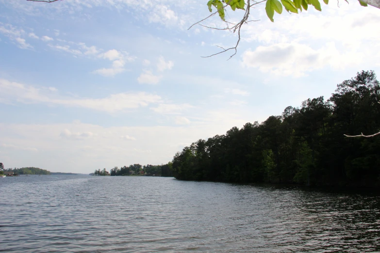 this is a view from the shore of some lake with trees