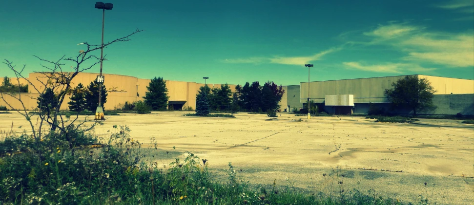 an abandoned building with trees in front of it