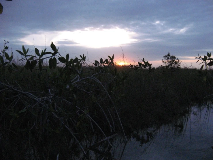 there is a sunset in the distance near a body of water