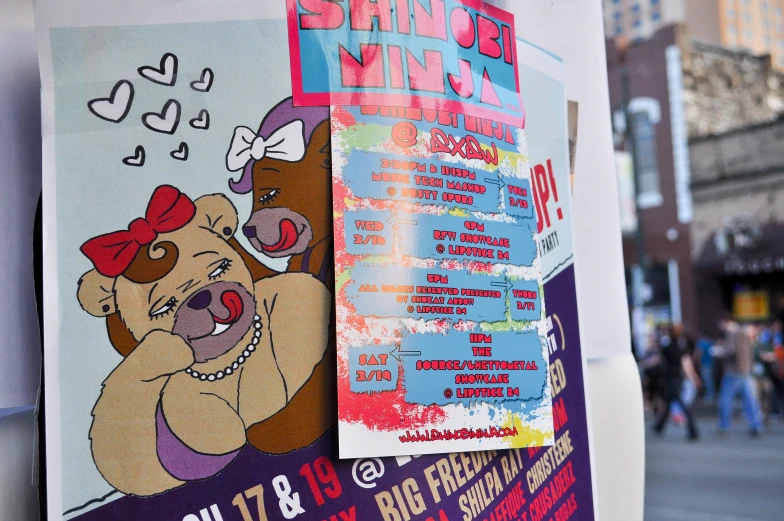 a poster has been decorated with cartoons and music