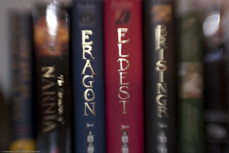 a row of books sit on a shelf