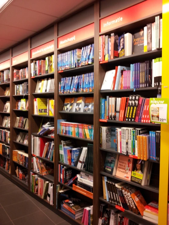 rows of books on two sides of a long, wooden shelves