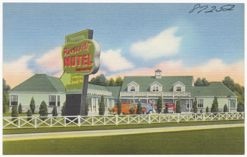 this is an old postcard showing the front view of a motel