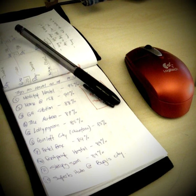 a notebook and computer mouse sitting on top of a table