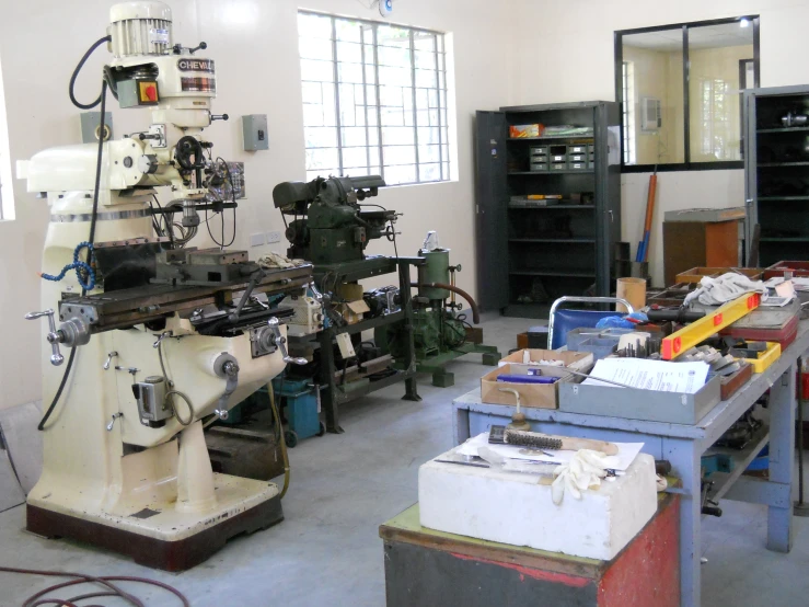 machine shop with machines and boxes in the center