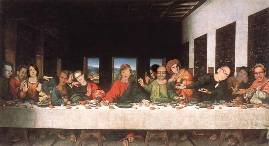 a group of people that are sitting in a painting