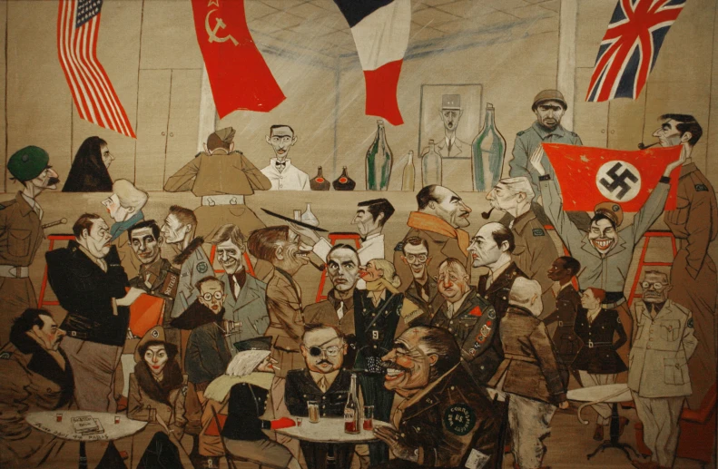 a painting with a group of people holding flags