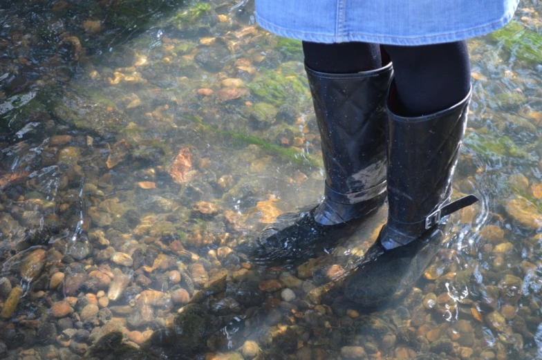 a pair of legs standing in shallow water near rocks