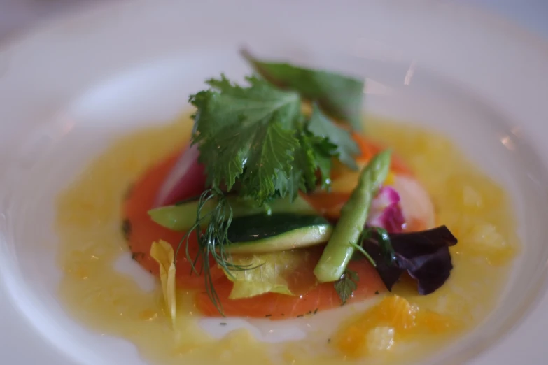 small plate of food with vegetables displayed on white plate