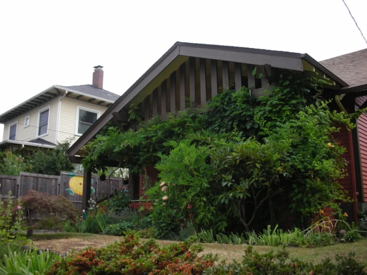 a brown house with a porch covered in vines