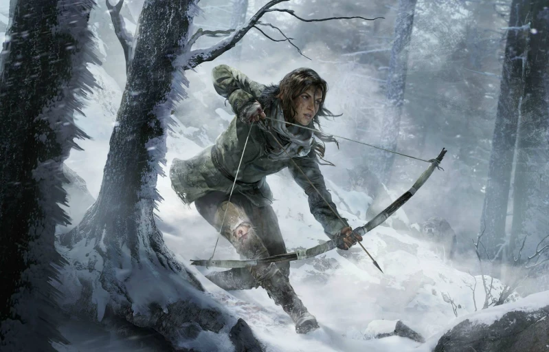 a  in winter outfits, with bow and arrow, is holding a bow as she