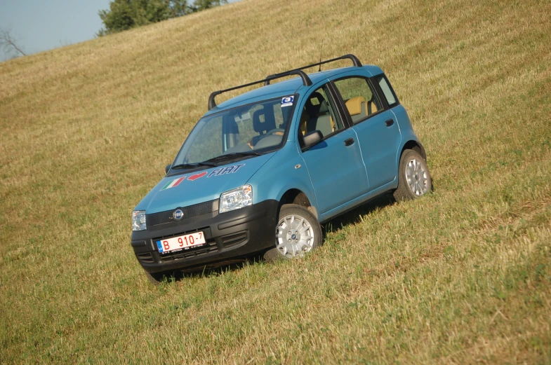 the small blue van is parked in a grassy field