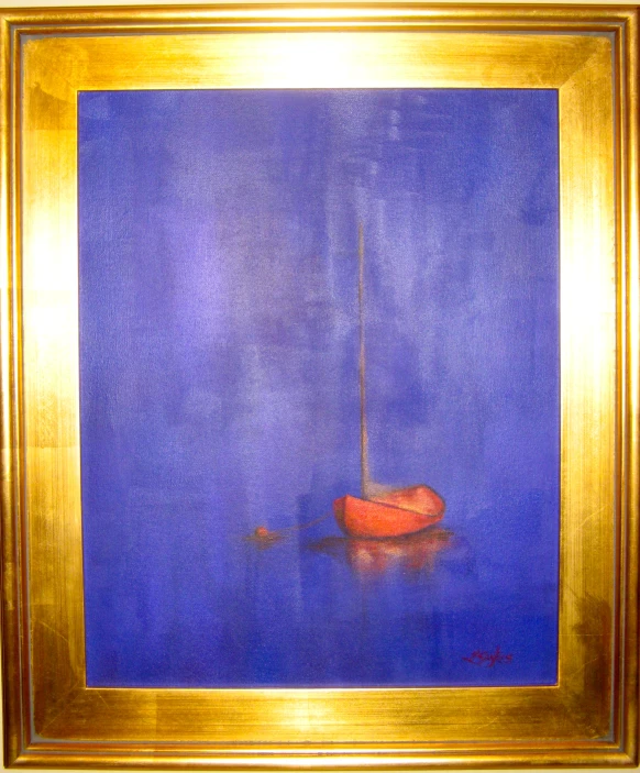a small yellow framed painting of a red boat