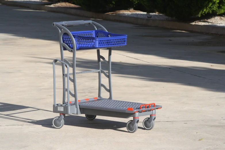 a blue basket is on top of a cart