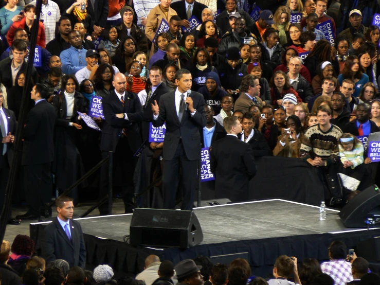 obama makes his speech to an enthusiastic crowd