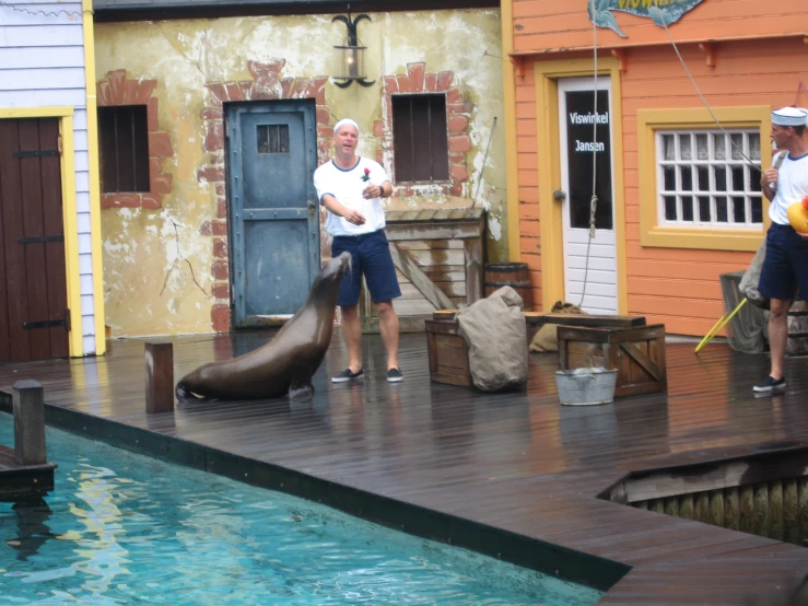 a statue of a dolphin and people outside of buildings