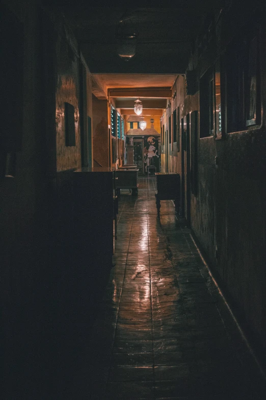 a dark hallway leading up to the toilet