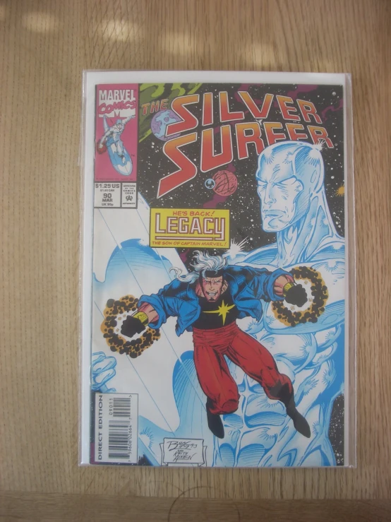 comic magazine cover with silver surfer featuring man in space