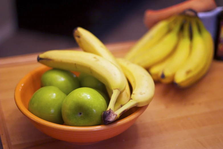 a yellow bowl sitting on top of a wooden table