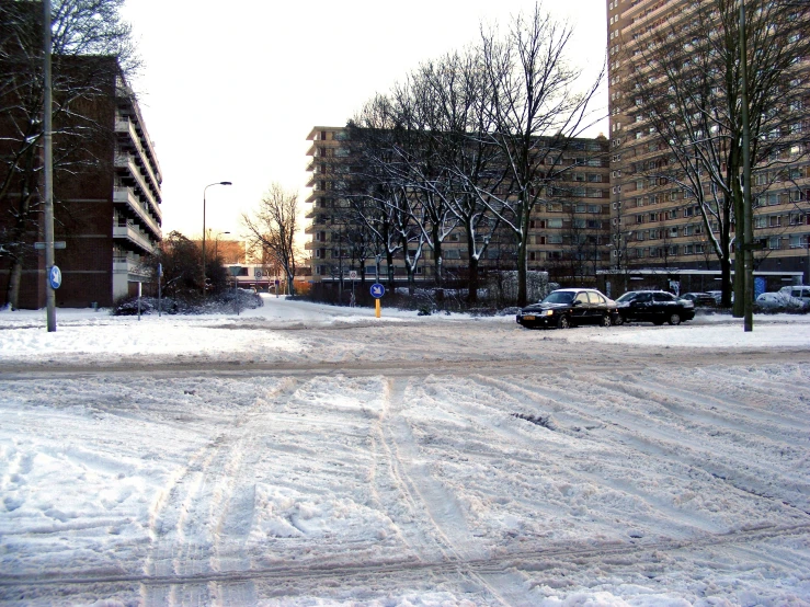 a snowy city street with cars parked on it